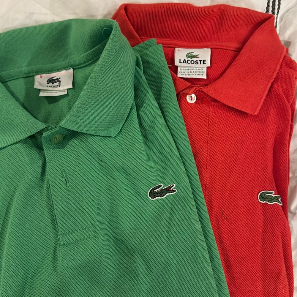 2 Lacoste men’s polos, sizes 5 and 6, approx M/L